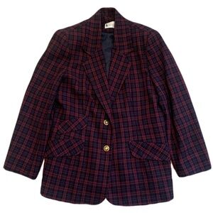 Vintage Karolyne Petite Red & Navy Plaid Blazer, Gold Buttons, Size Small